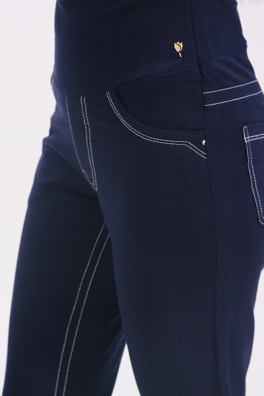 New Jeans - Stitch Solid Navy Cotton Stretch Pants