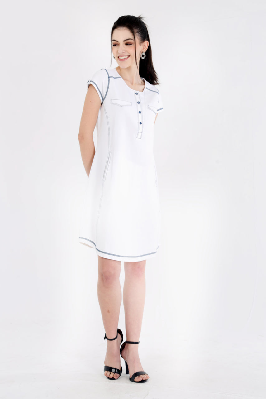 White Cotton Stretch Dress With Cap Sleeves and Black Threadwork