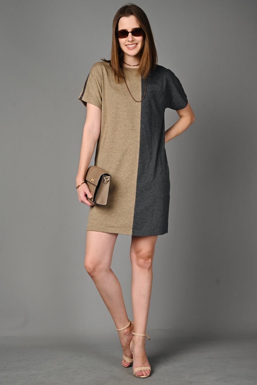 Fawn Grey Melange Stretch Round Neck Dress