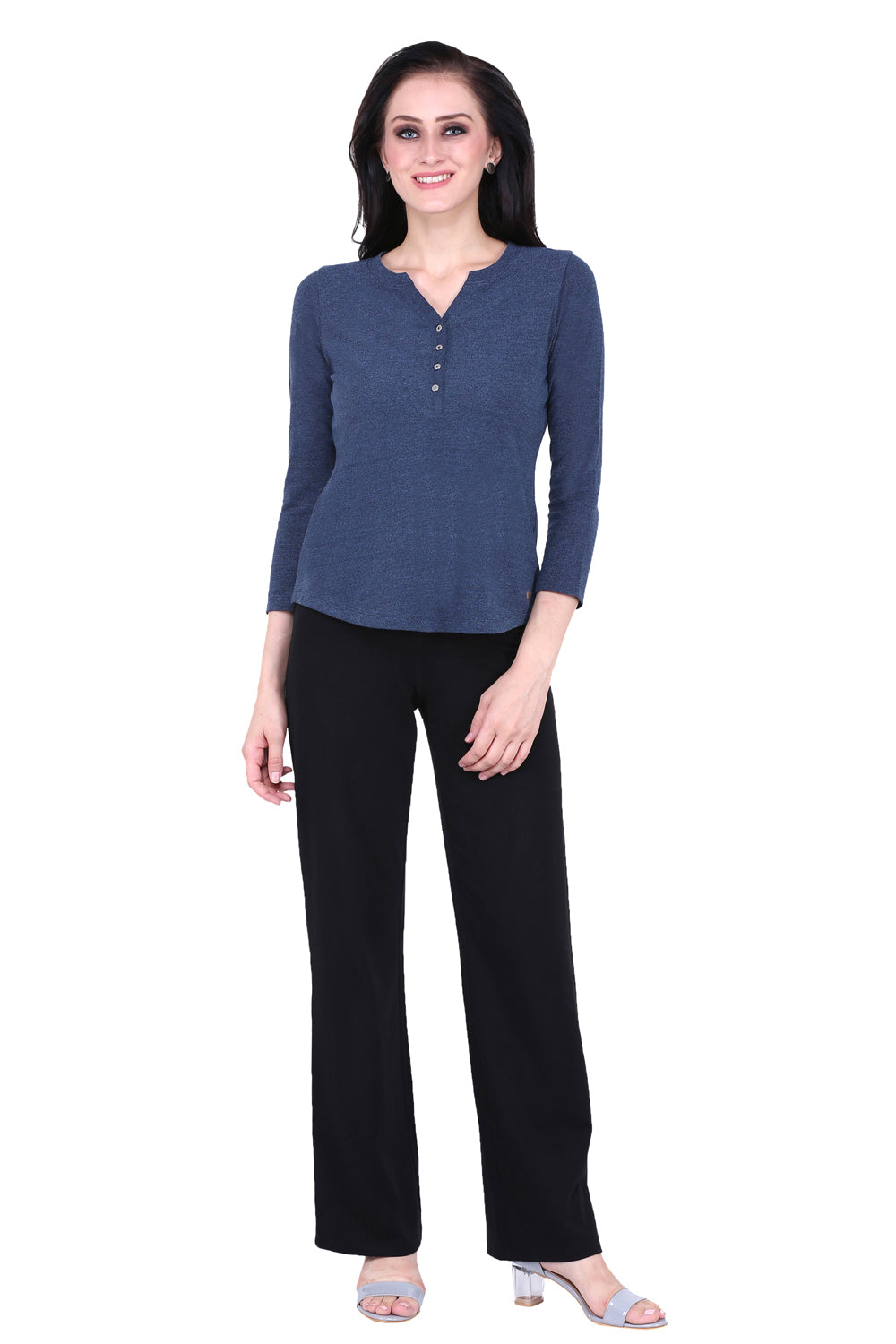 Blue Weave V Neck Stretch Top
