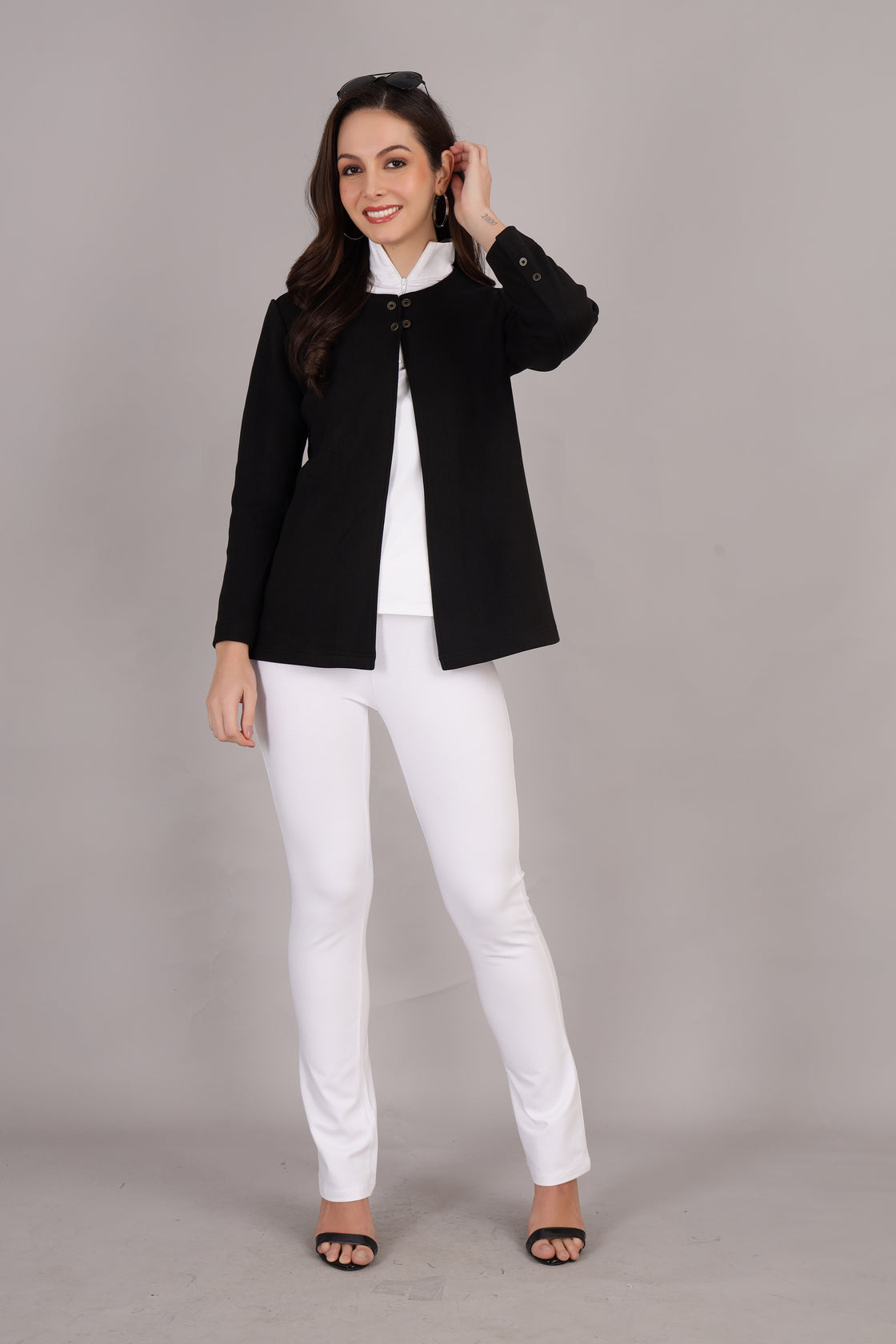 Black Stretch Velvet Round Collar Open Jacket