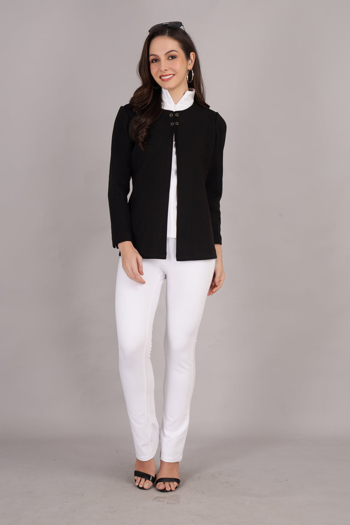 Black Stretch Velvet Round Collar Open Jacket