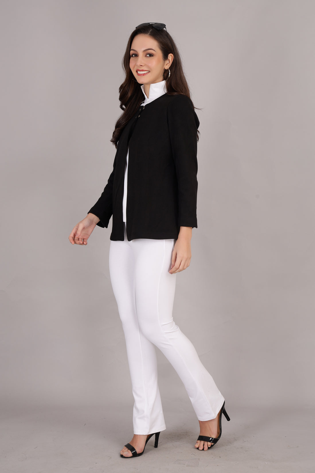 Black Stretch Velvet Round Collar Open Jacket