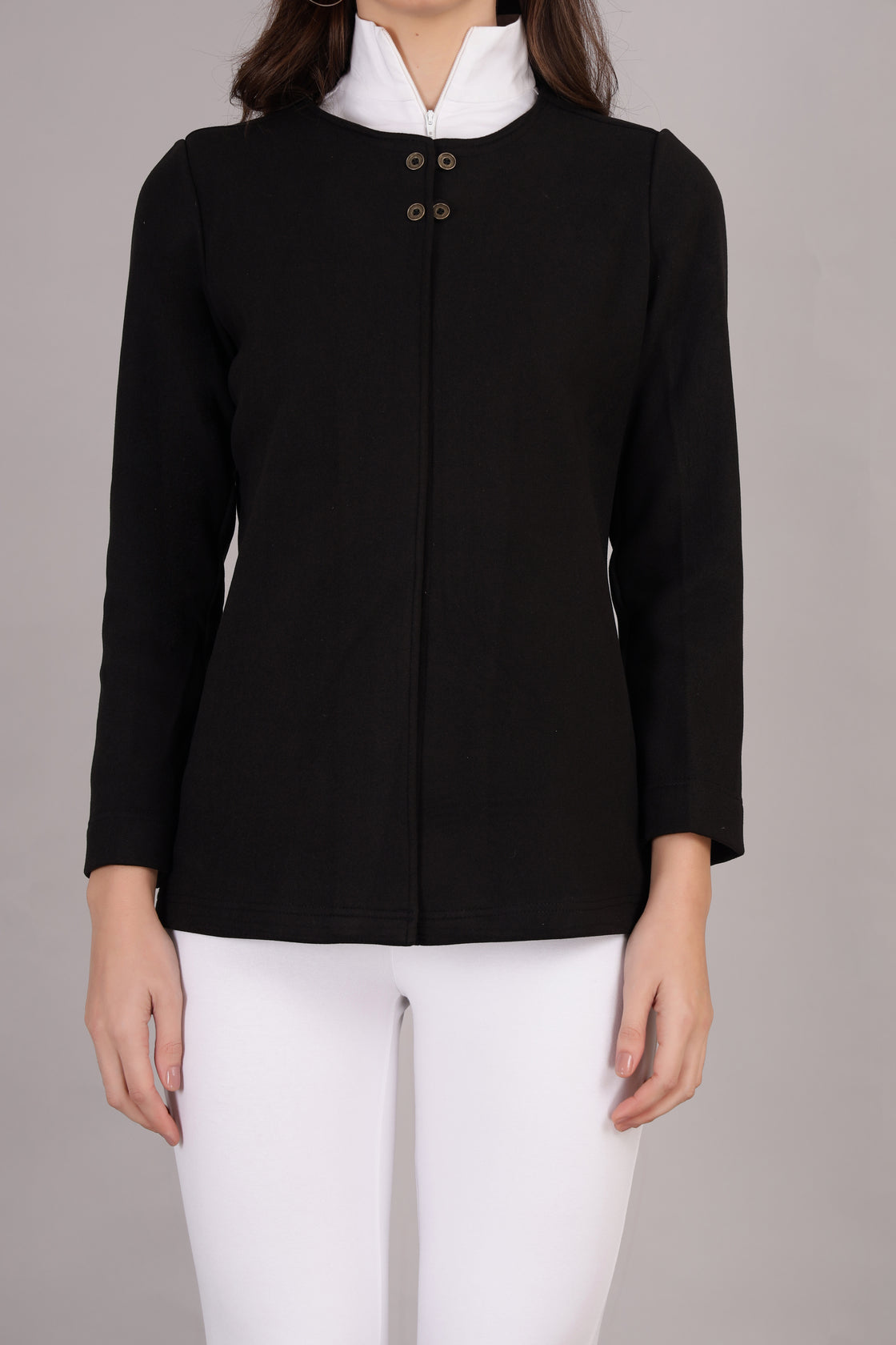 Black Stretch Velvet Round Collar Open Jacket
