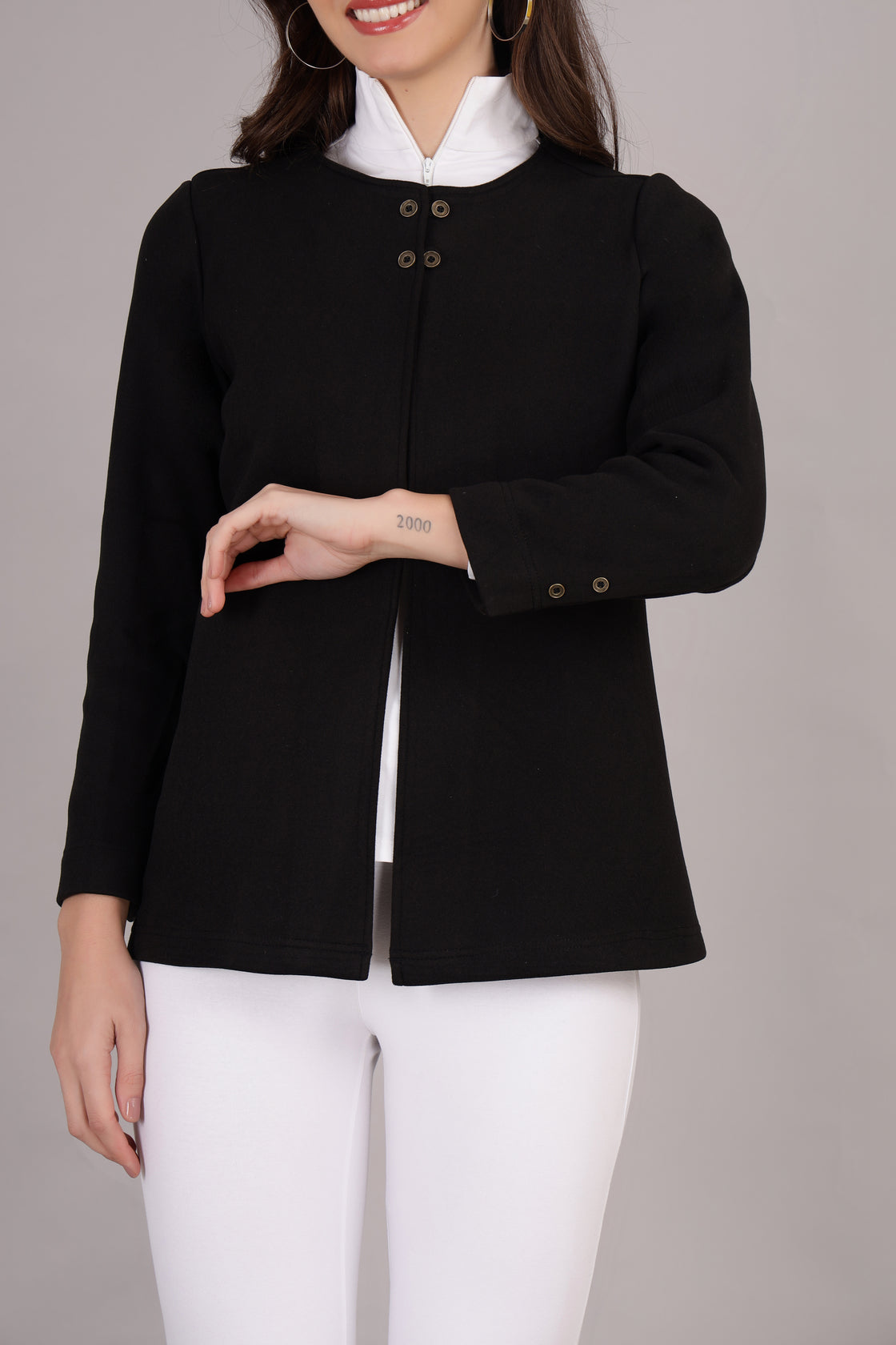 Black Stretch Velvet Round Collar Open Jacket