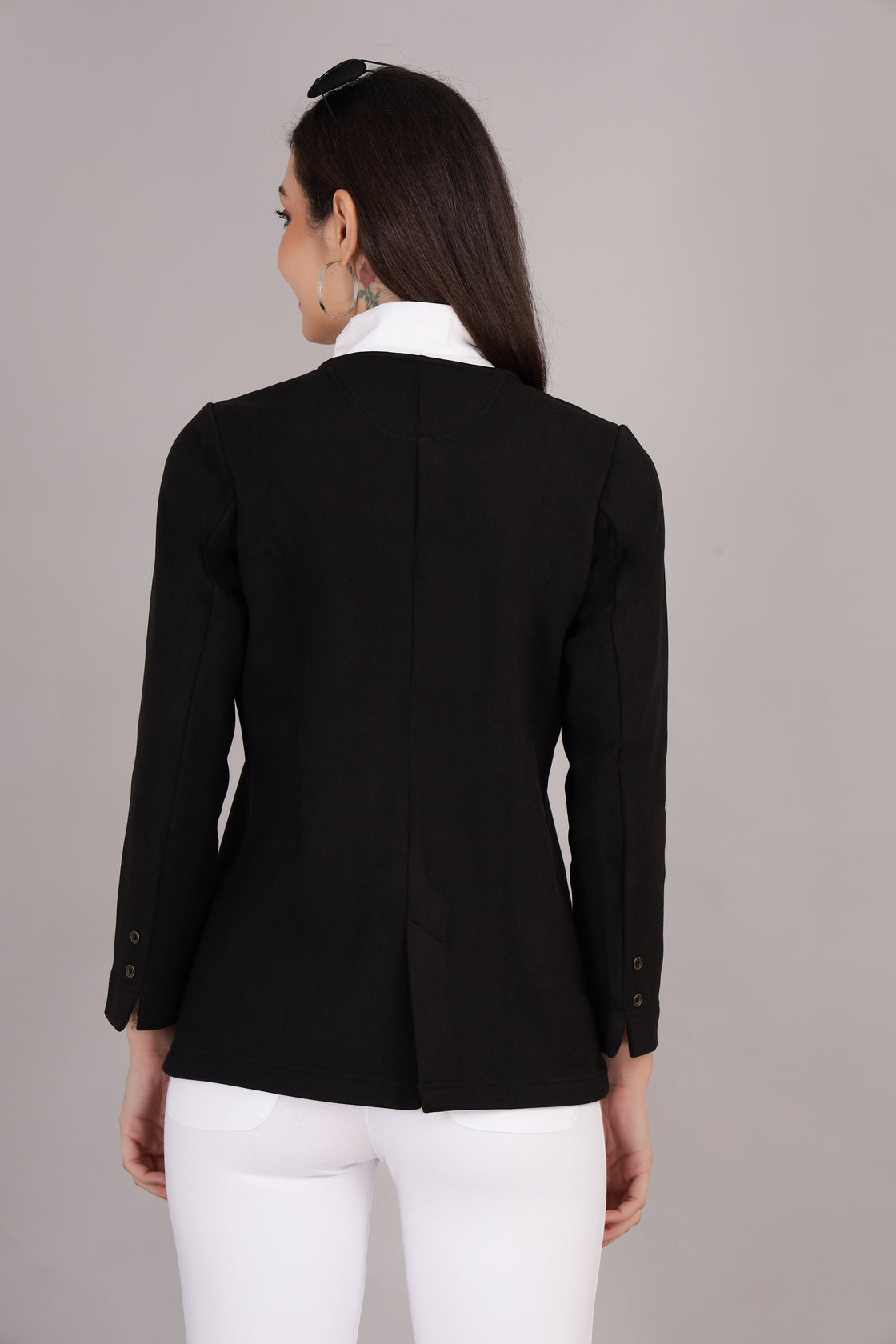 Black Stretch Velvet Round Collar Open Jacket
