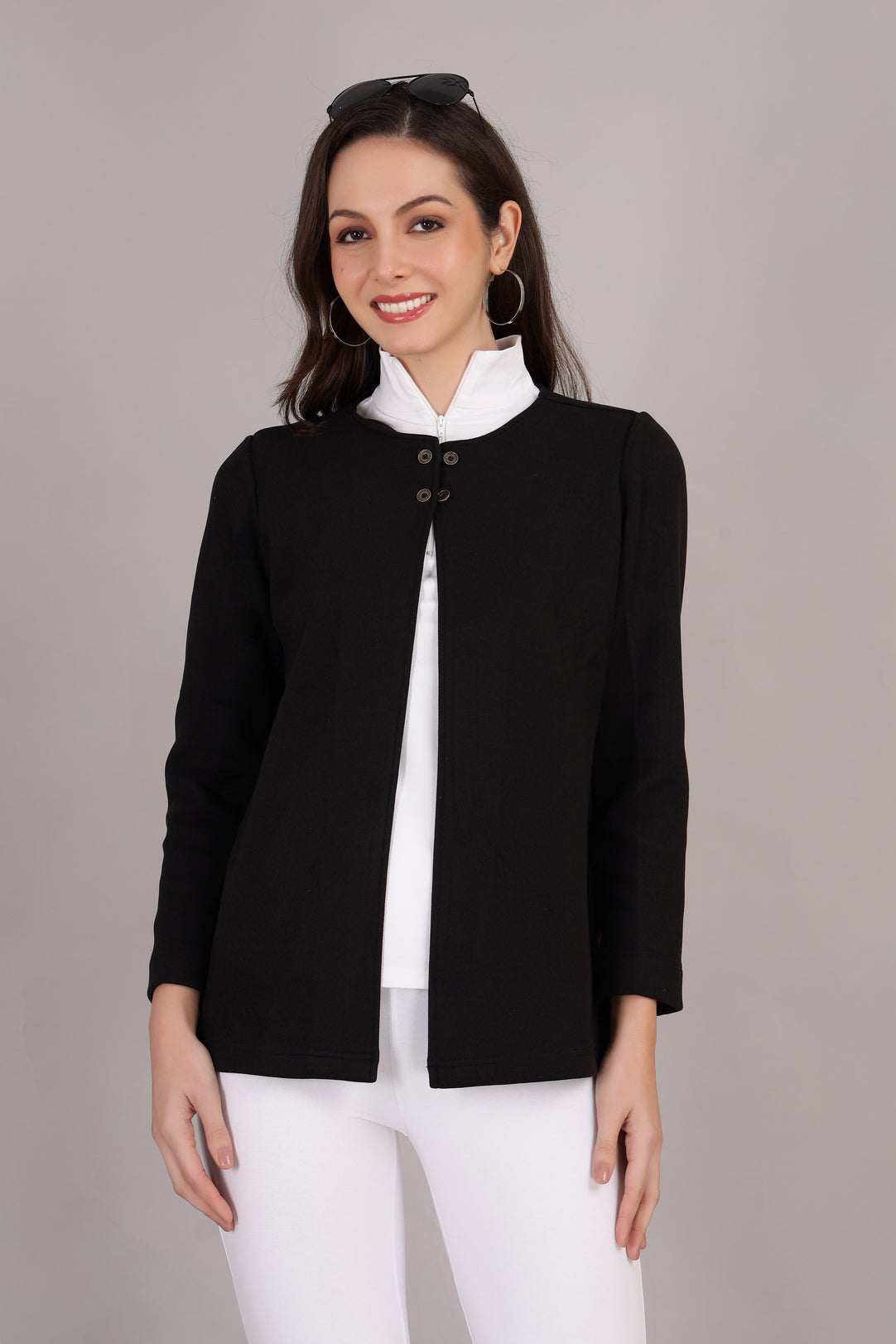Black Stretch Velvet Round Collar Open Jacket