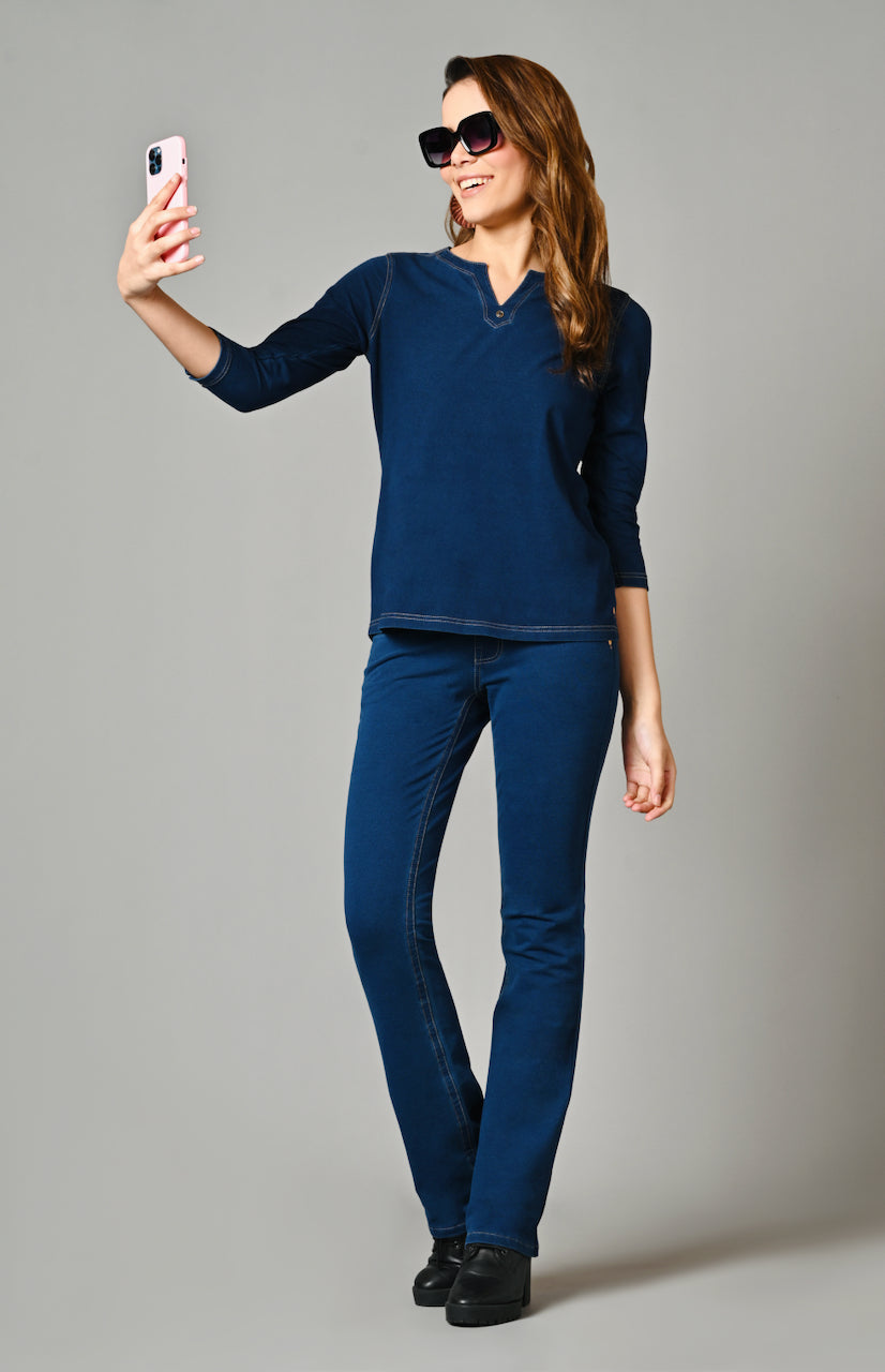 Denim Stretch Indigo V Neck Top