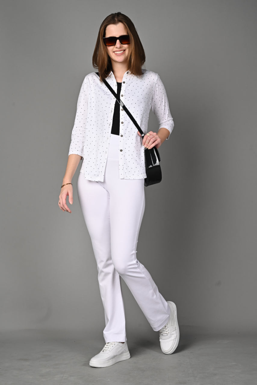 White Black Dot Cotton Stretch Shirt