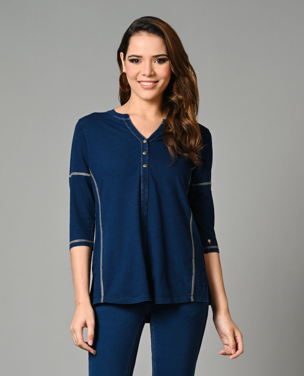 Denim Indigo Stretch Side Yoke Top