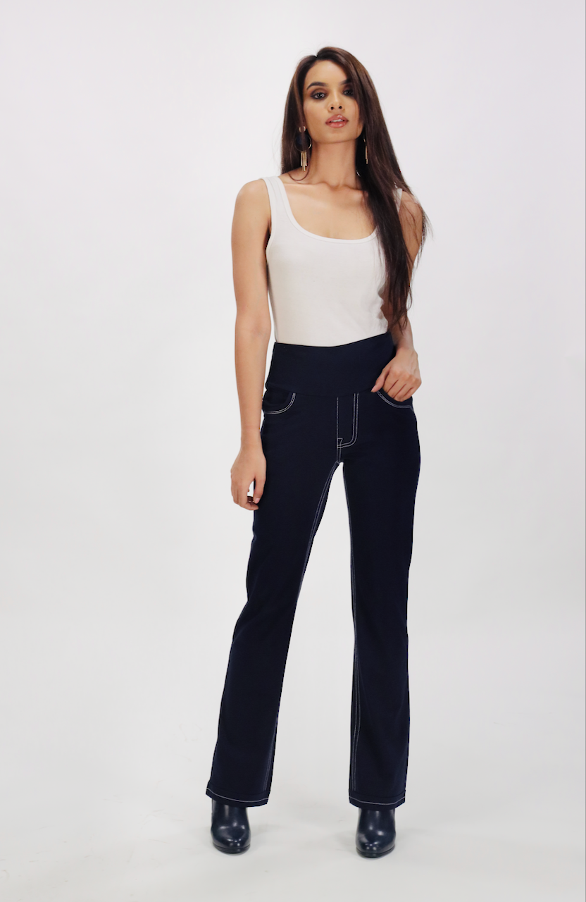 New Jeans - Stitch Solid Navy Cotton Stretch Pants