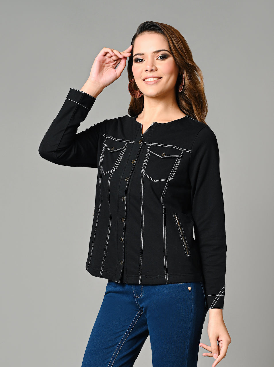 Black V Neck Cotton Stretch Jacket