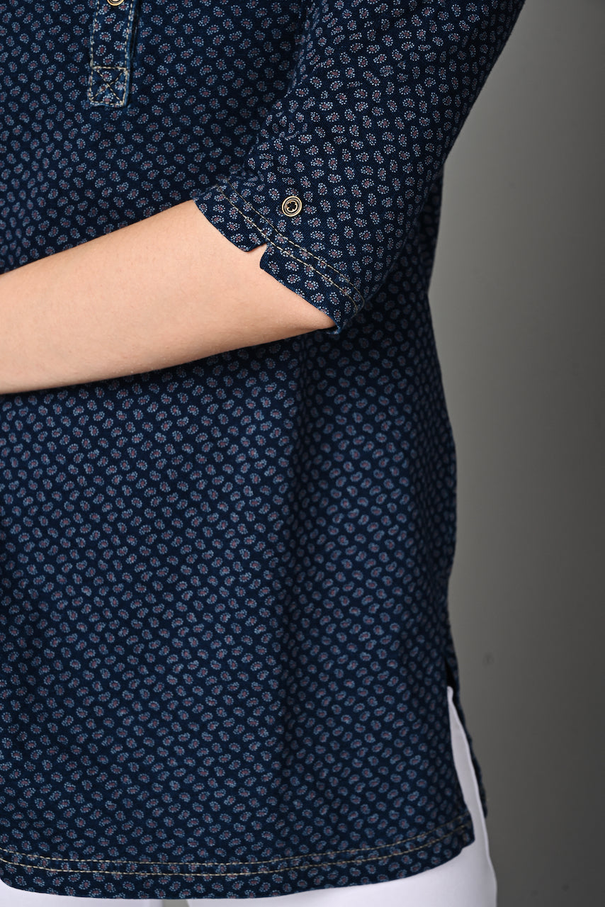 Denim Stretch Paisley Printed Long Top