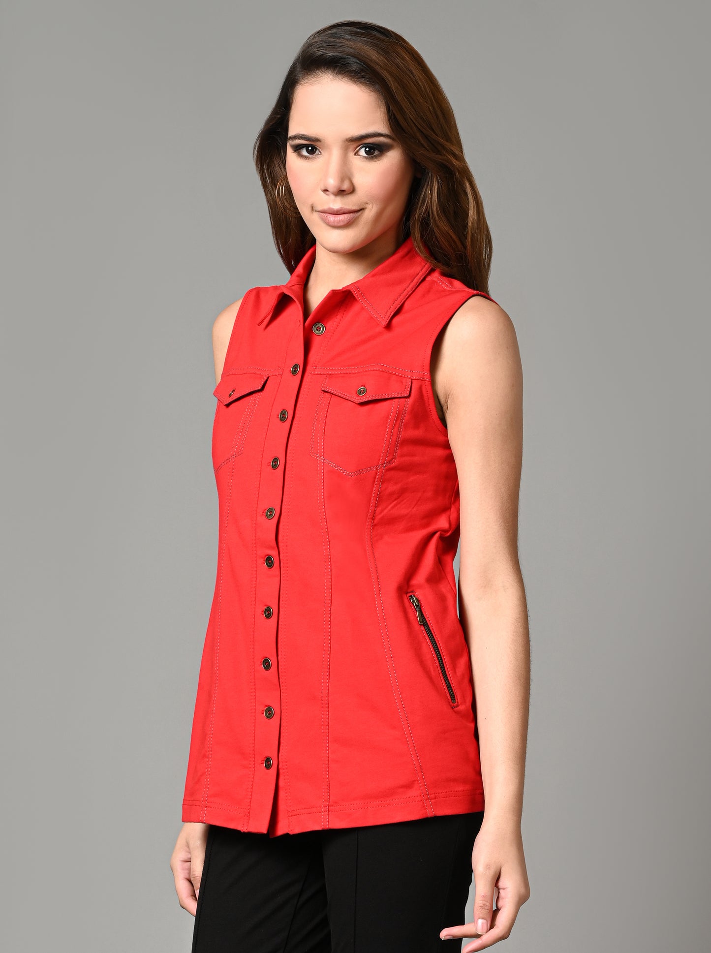 Red Sleeveless Jacket Shirt