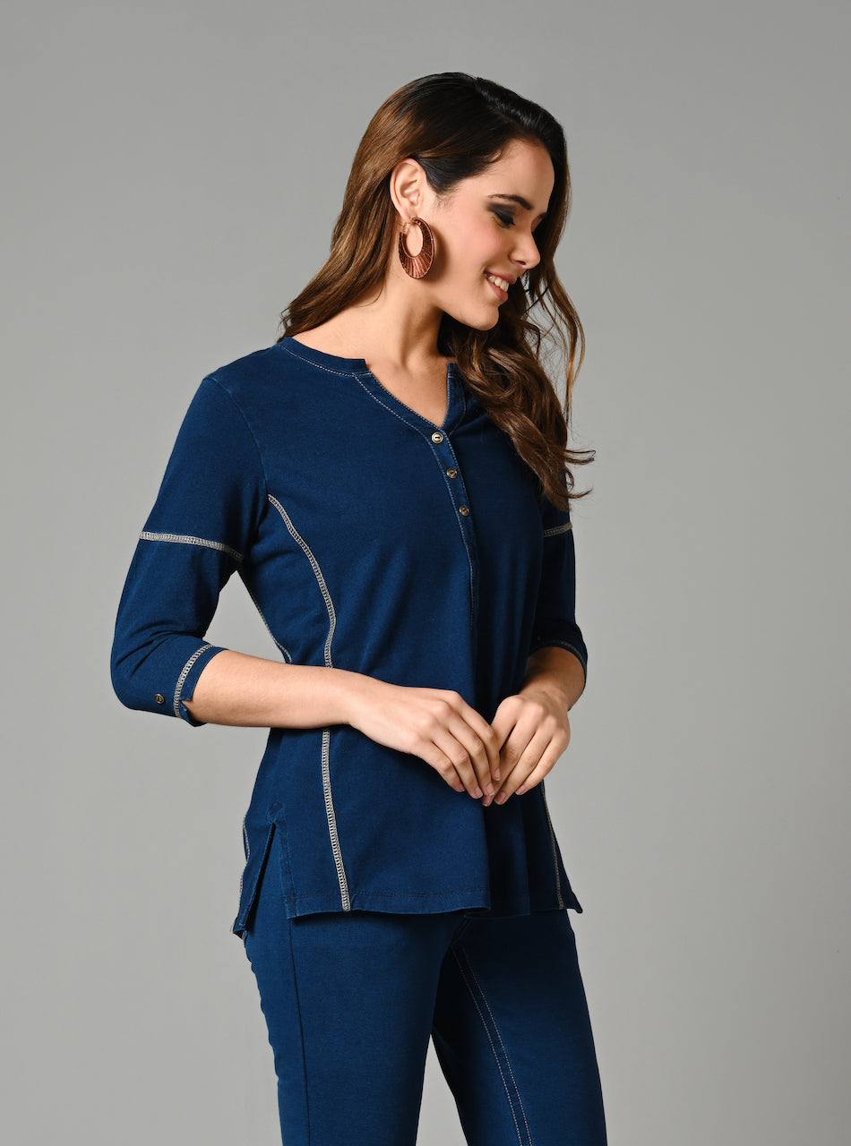 Denim Indigo Stretch Side Yoke Top