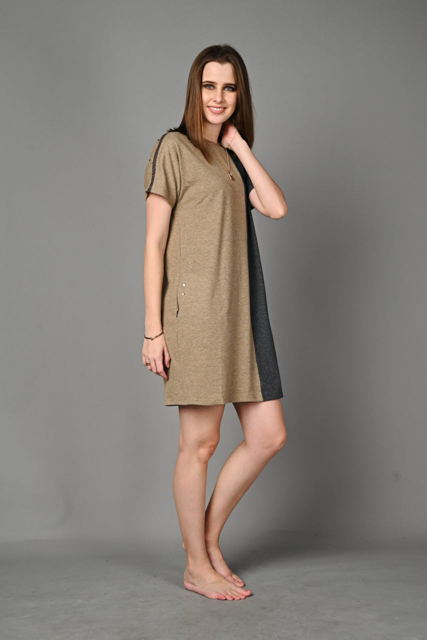 Fawn Grey Melange Stretch Round Neck Dress