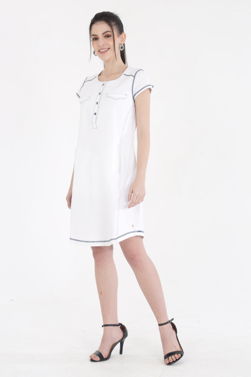 White Cotton Stretch Dress With Cap Sleeves and Black Threadwork