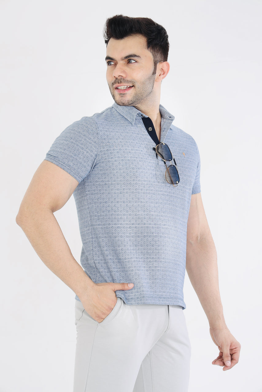 Men's Blue Jacquard Cotton Tshirt