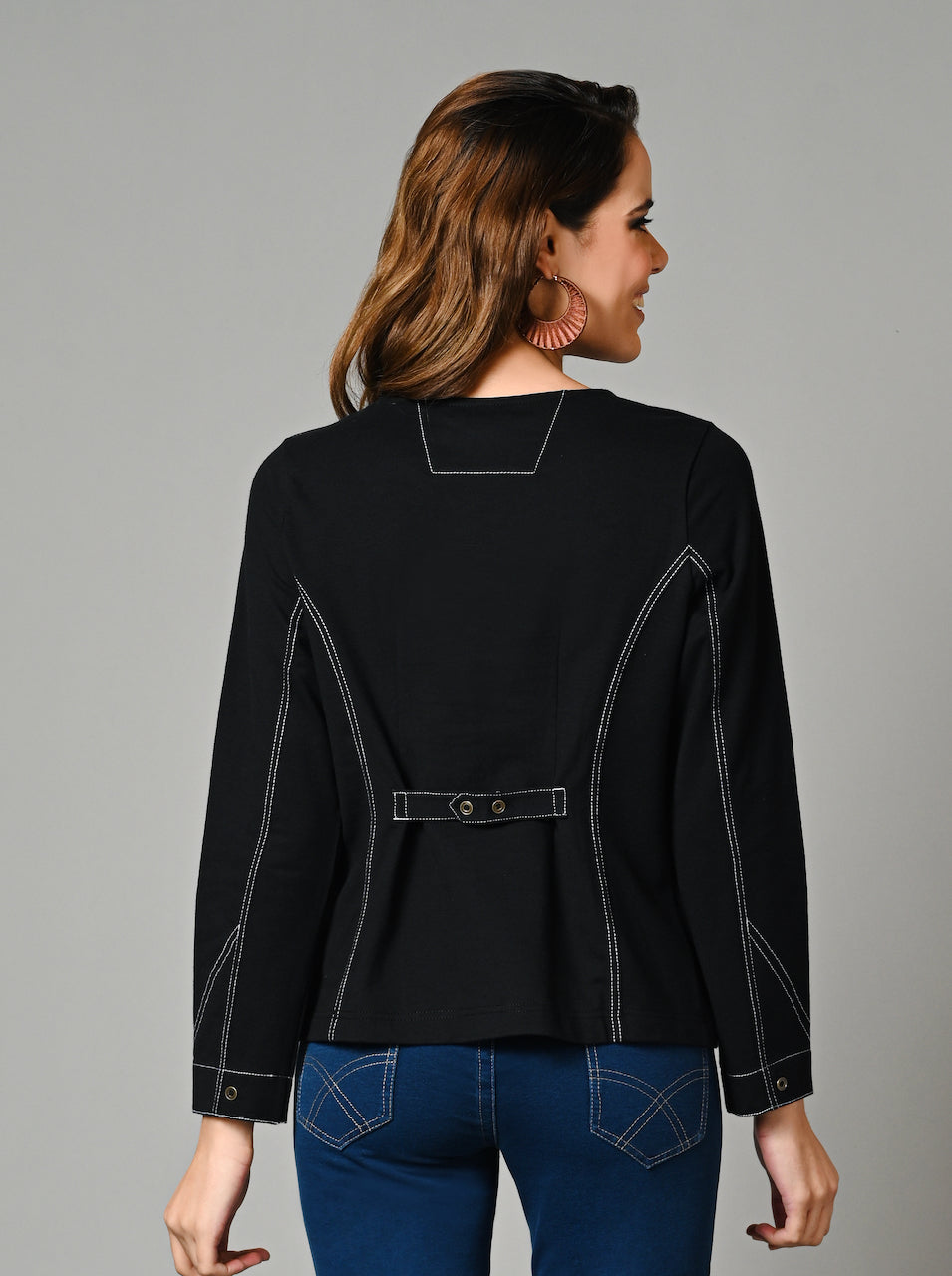 Black V Neck Cotton Stretch Jacket