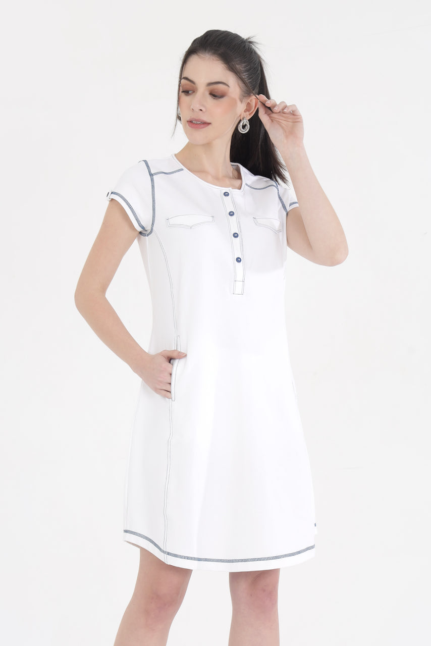 White Cotton Stretch Dress With Cap Sleeves and Black Threadwork