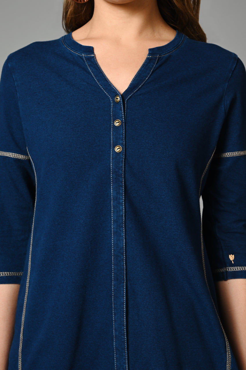 Denim Indigo Stretch Side Yoke Top