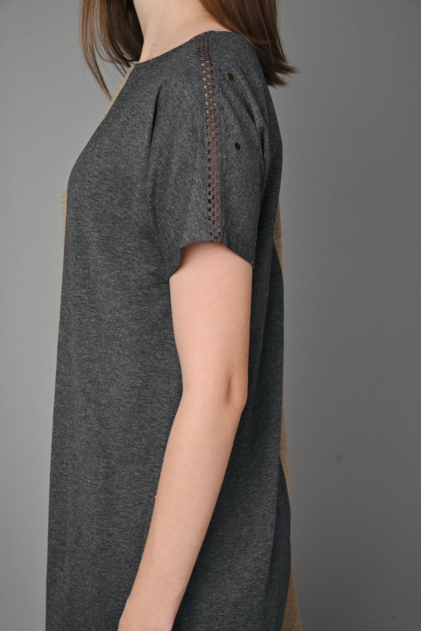 Fawn Grey Melange Stretch Round Neck Dress
