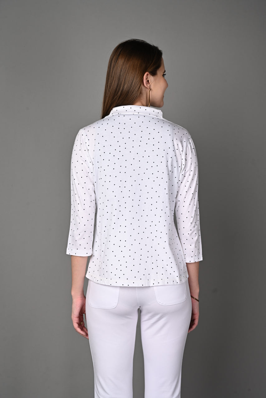 White Black Dot Cotton Stretch Shirt
