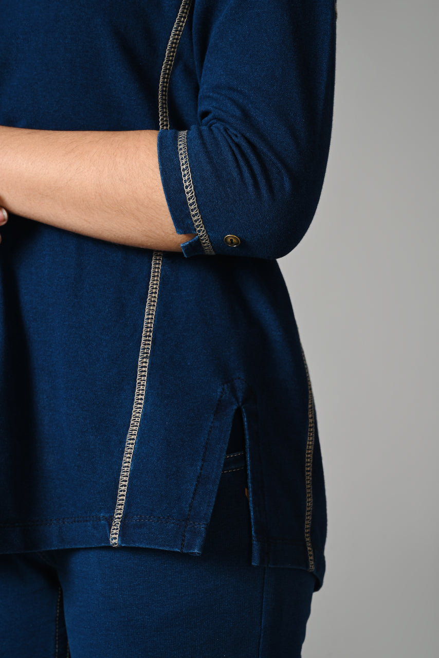 Denim Indigo Stretch Side Yoke Top