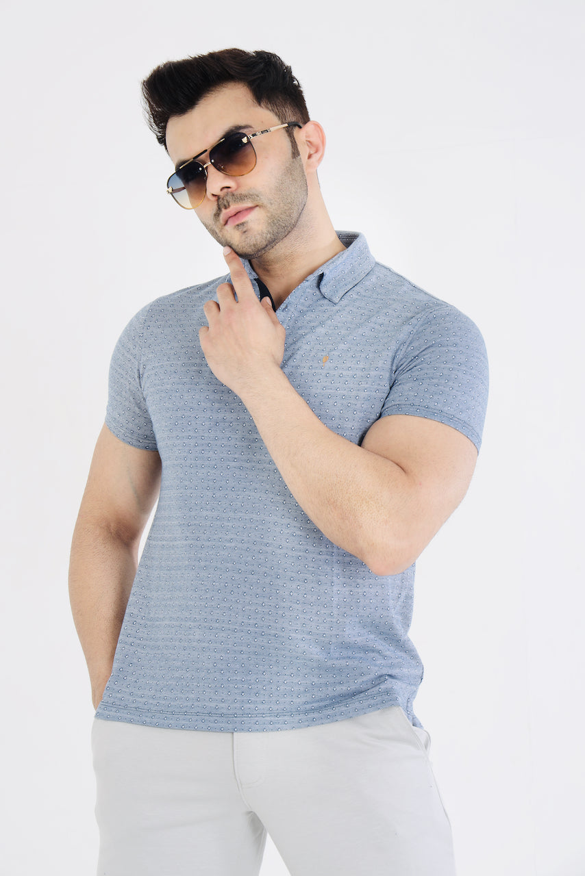 Men's Blue Jacquard Cotton Tshirt