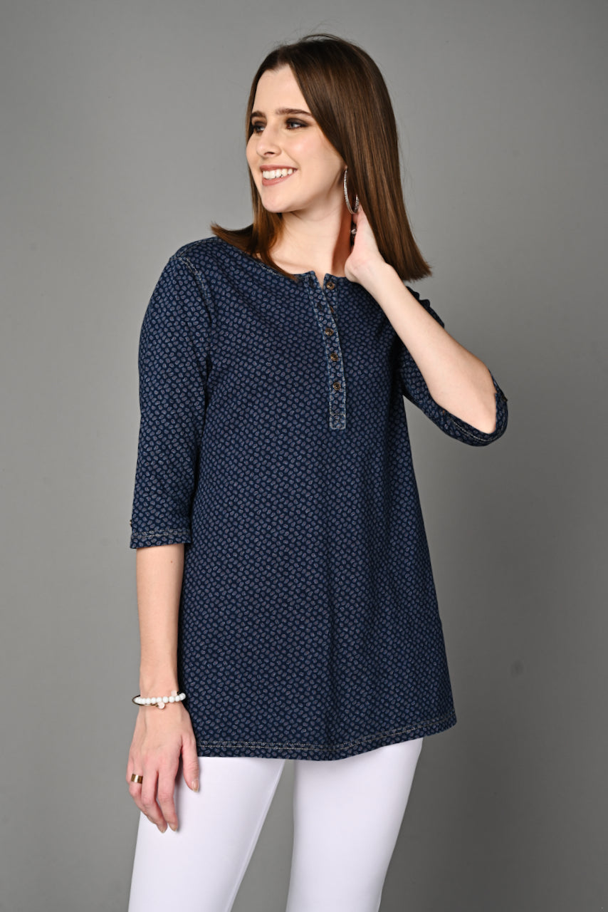 Denim Stretch Paisley Printed Long Top
