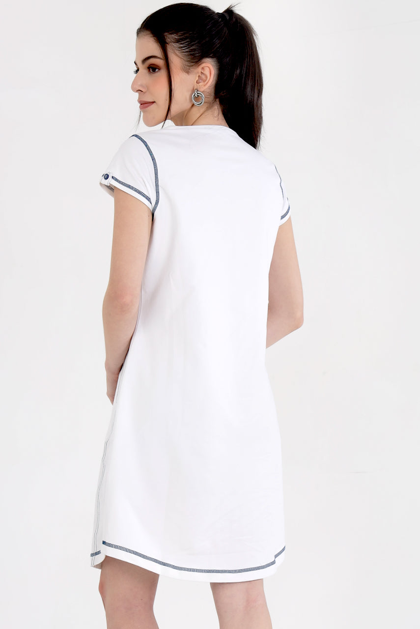 White Cotton Stretch Dress With Cap Sleeves and Black Threadwork