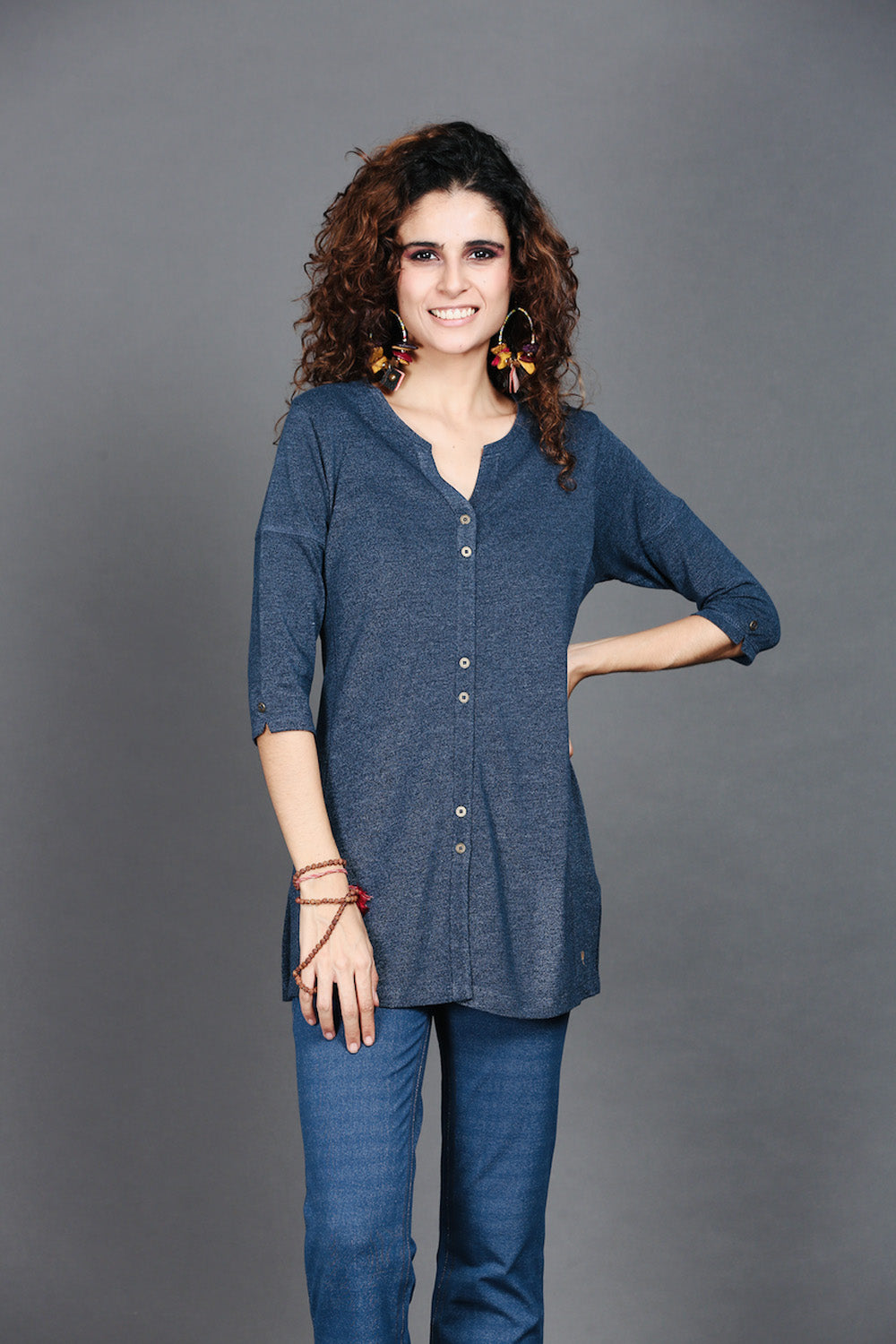 Blue Dual-Tone Long Stretch Shirt
