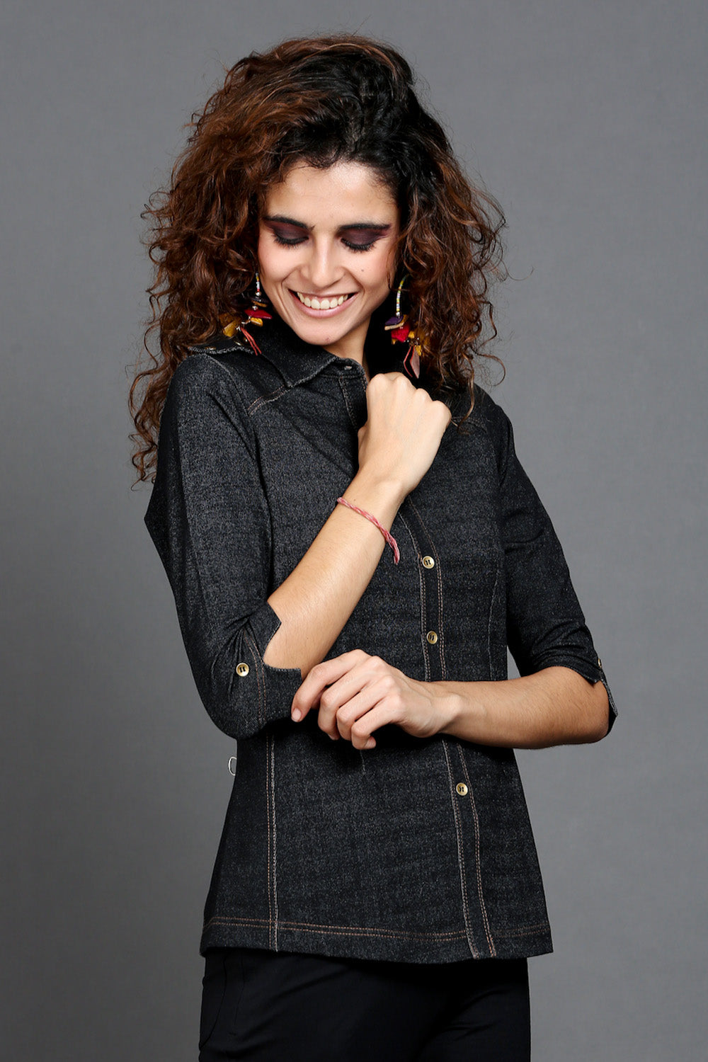 Charcoal Black Denim-Look Stretch Shirt