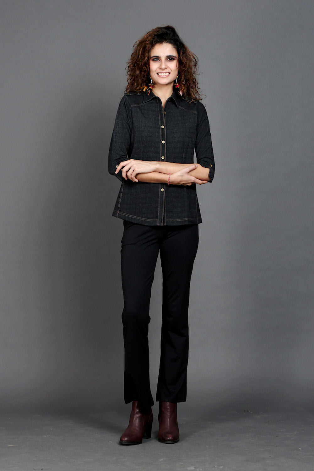 Charcoal Black Denim-Look Stretch Shirt