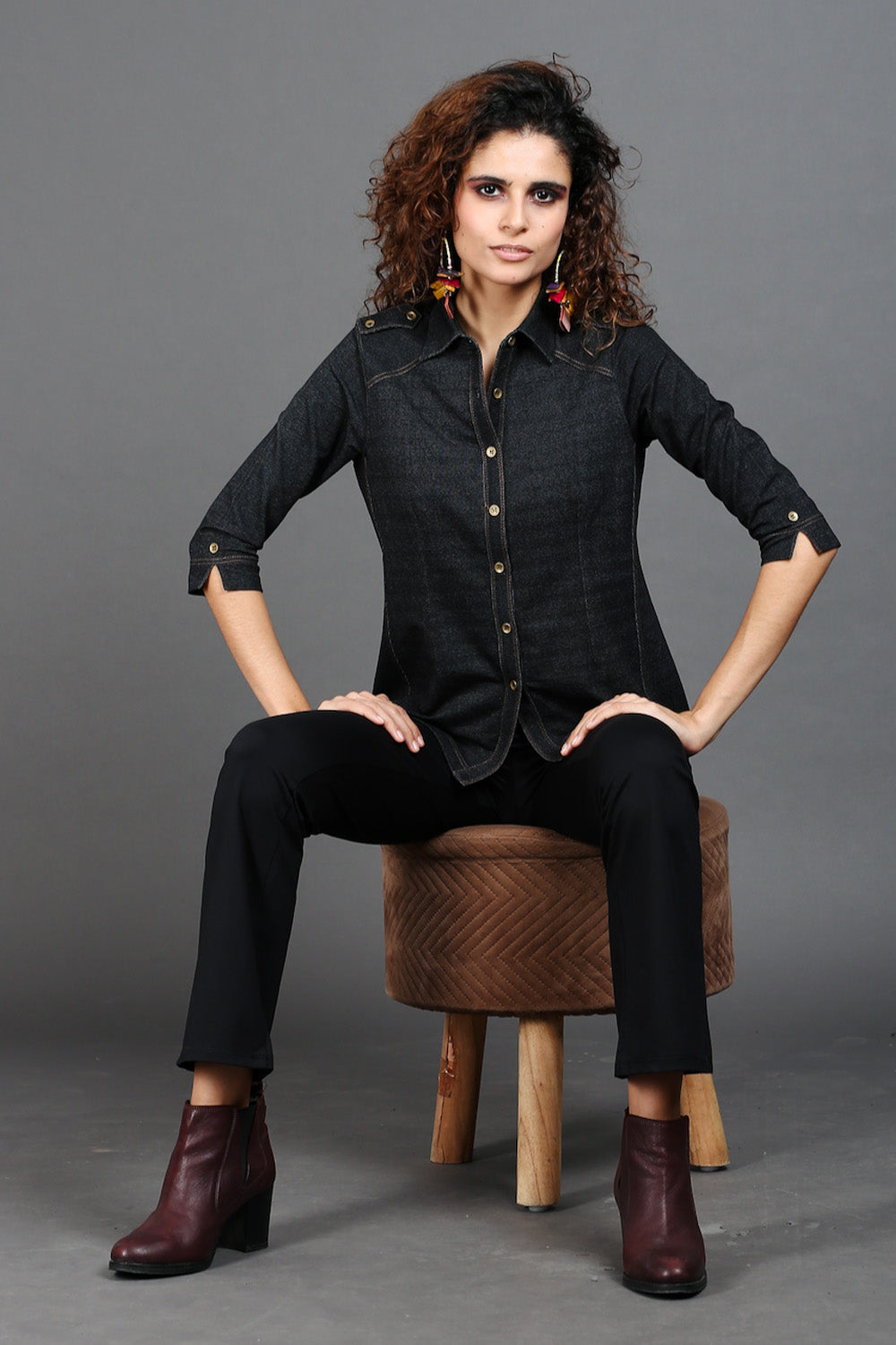 Charcoal Black Denim-Look Stretch Shirt