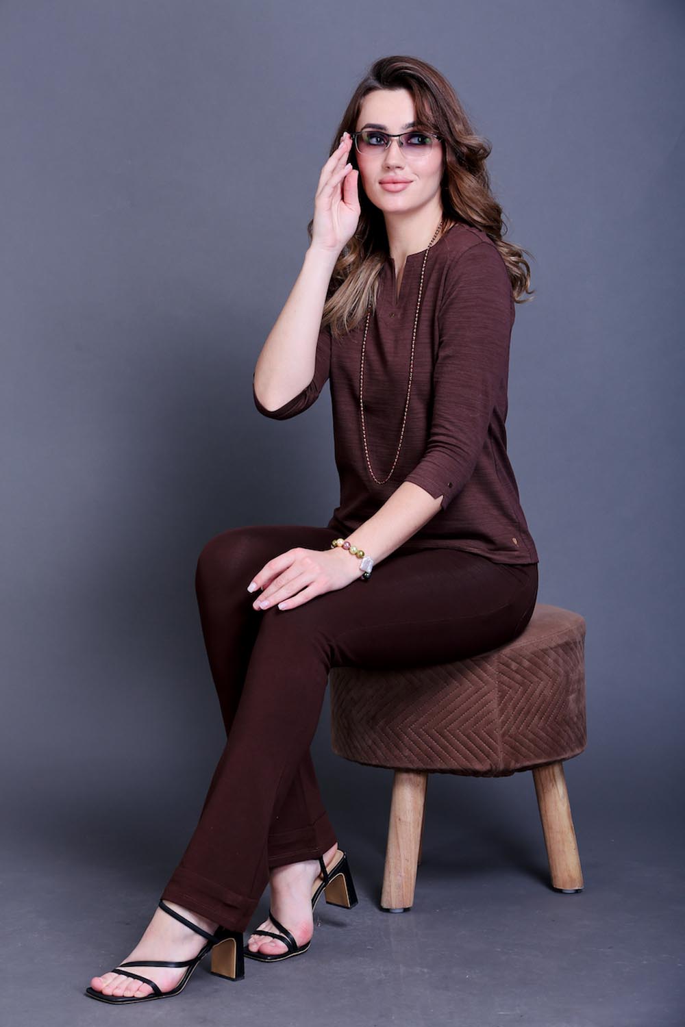 Coffee Brown Bootleg Stretch Pants with Zipped Side Pocket