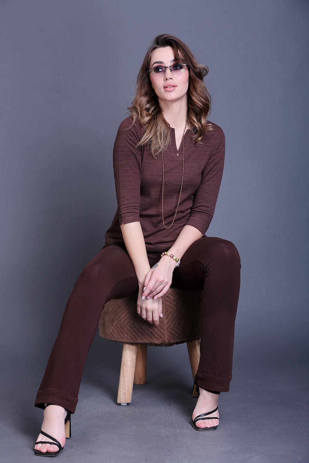 Coffee Brown Bootleg Stretch Pants with Zipped Side Pocket