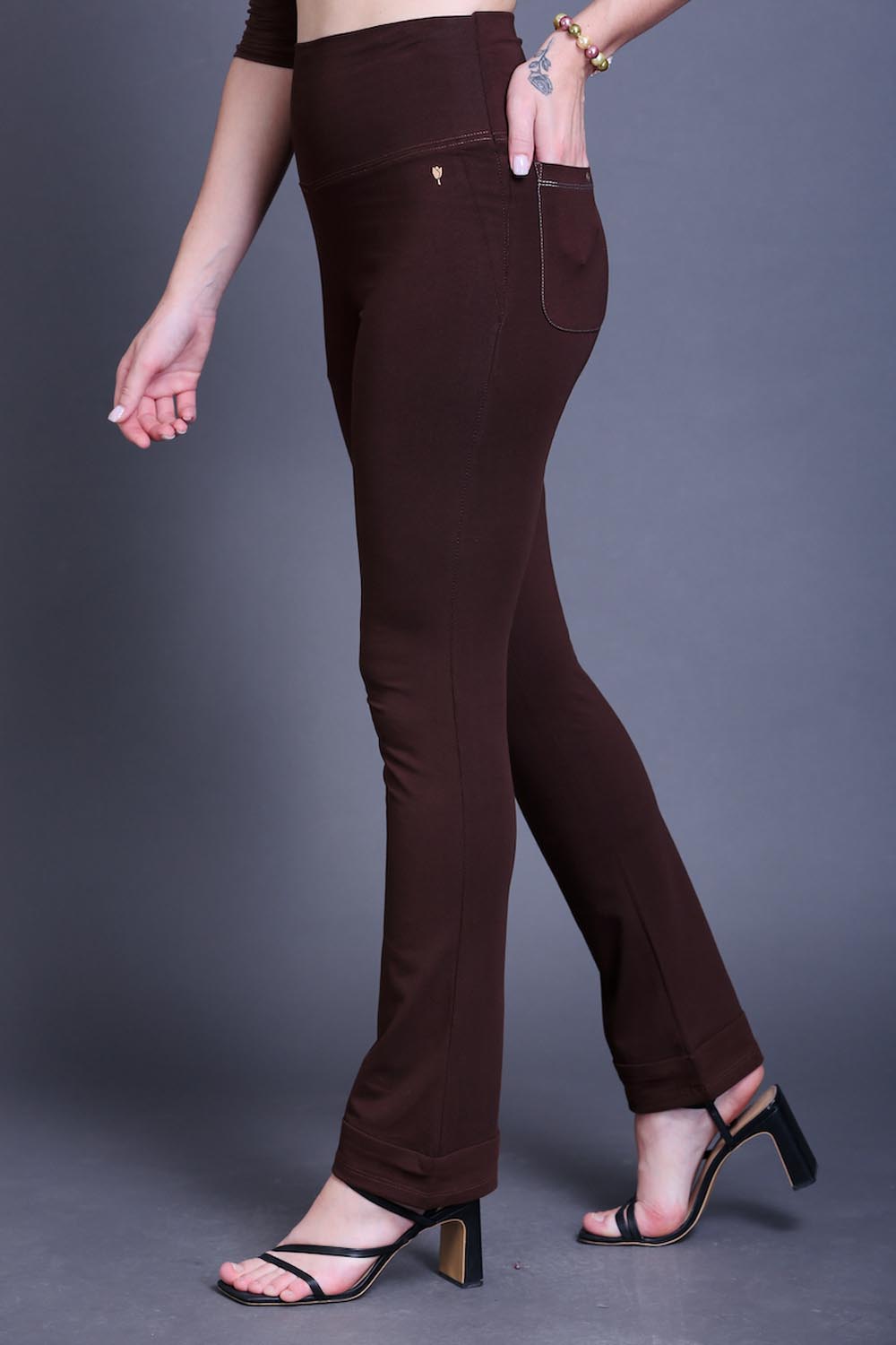 Coffee Brown Bootleg Stretch Pants with Zipped Side Pocket