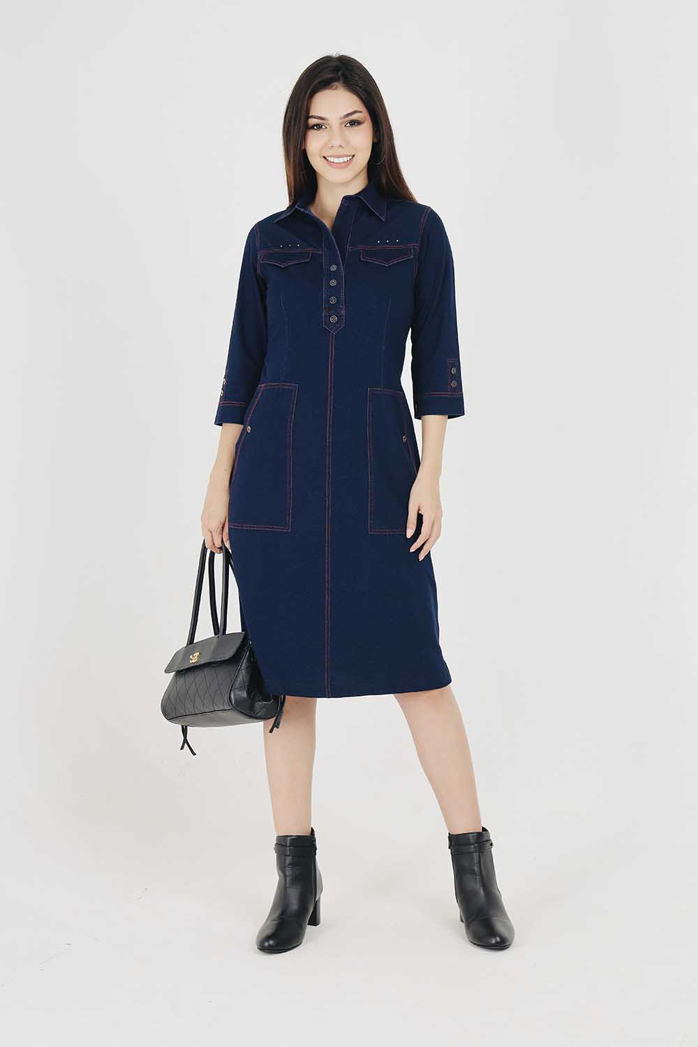 Denim Indigo Collar Dress With Red Threadwork