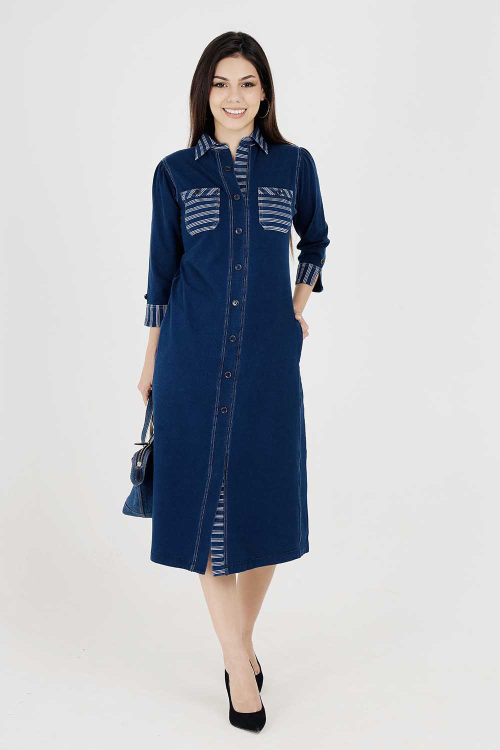 Denim Indigo Collar Dress With White Stripe