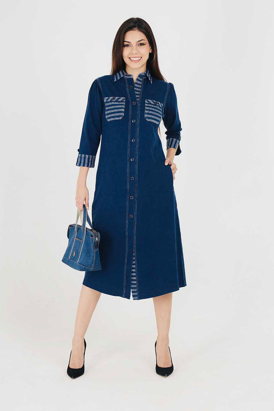 Denim Indigo Collar Dress With White Stripe
