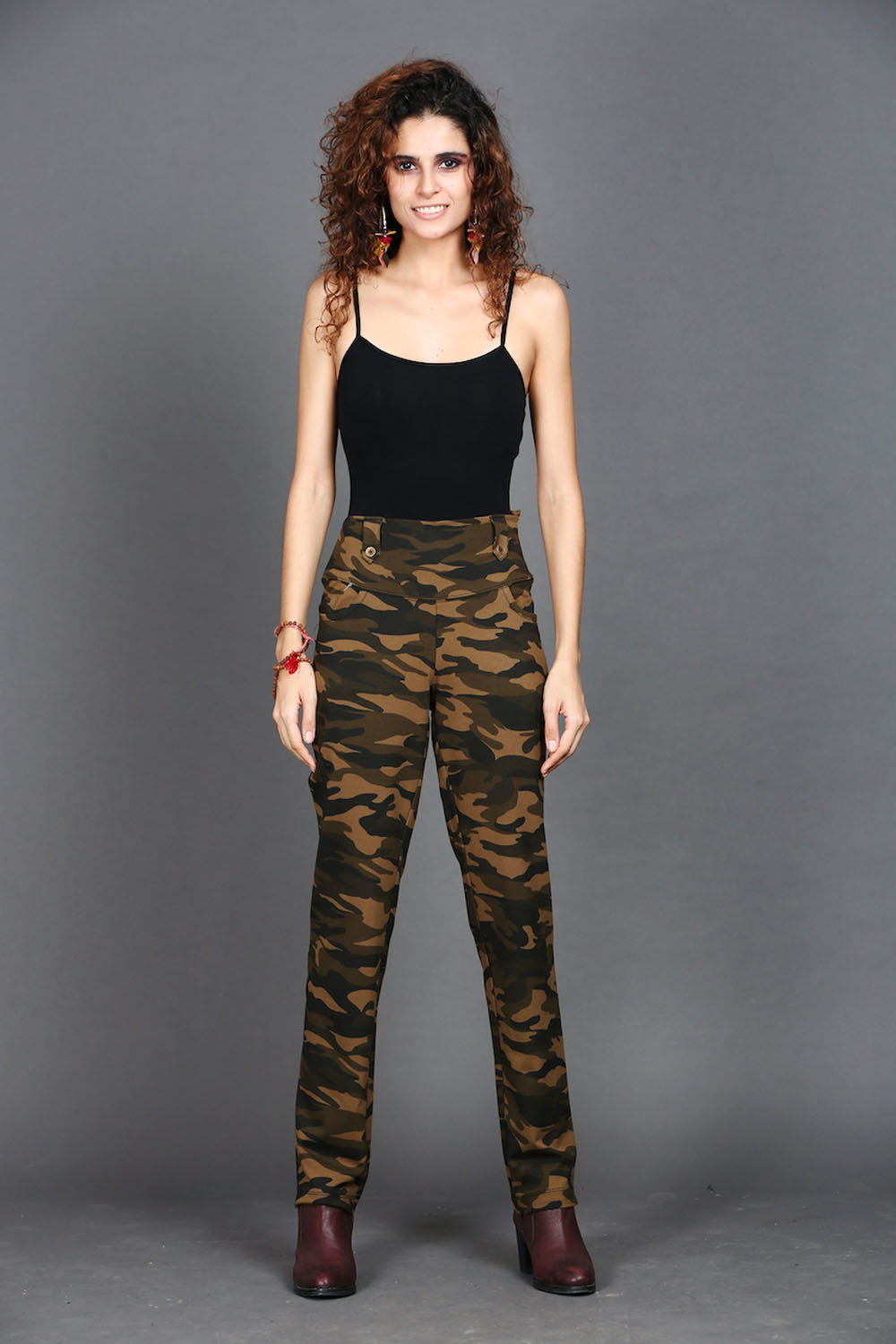 Khaki Stretch Camouflage Straight Fit Pants