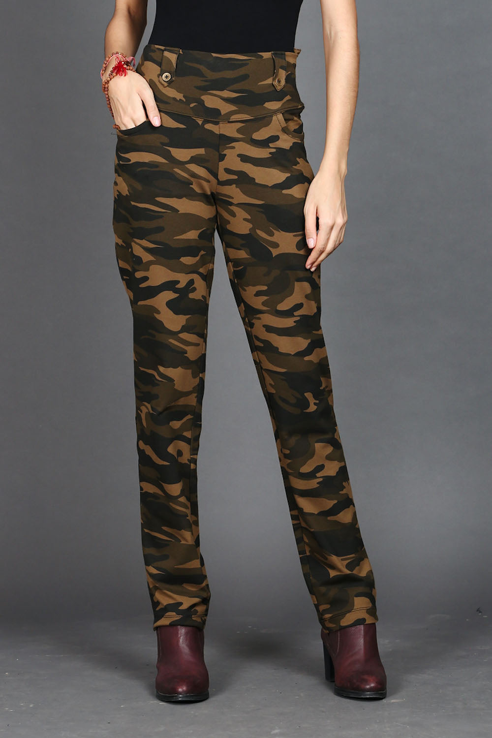 Khaki Stretch Camouflage Straight Fit Pants
