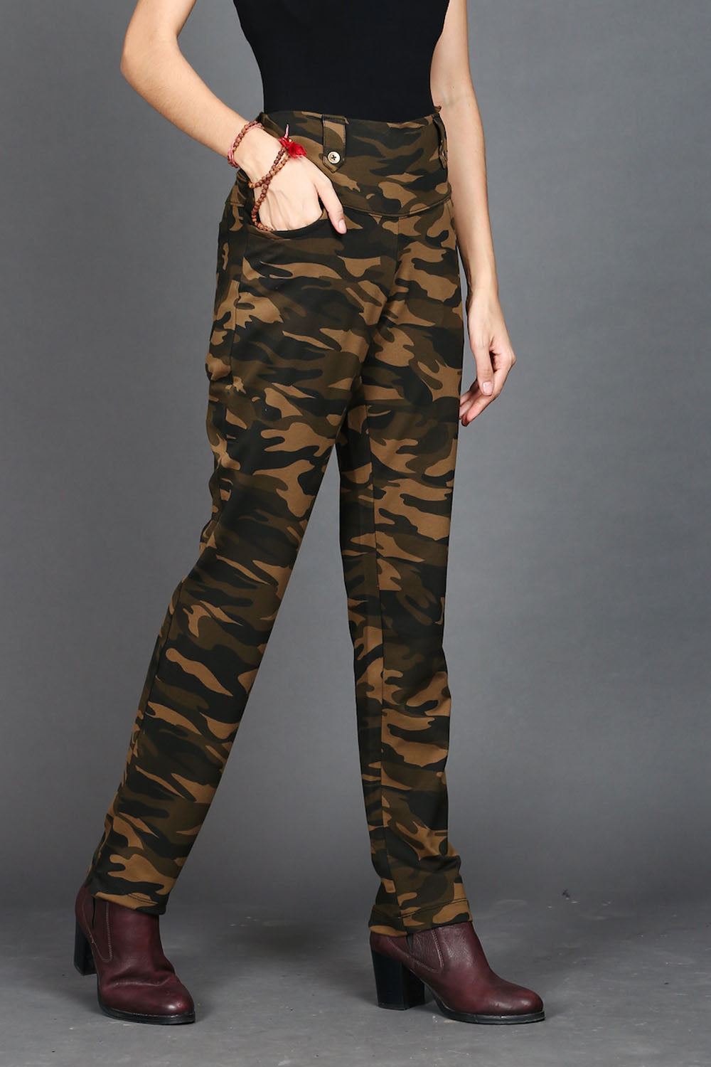 Khaki Stretch Camouflage Straight Fit Pants