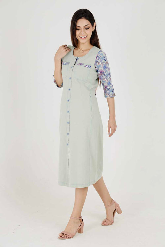 Light Olive Cotton Stretch Round-Neck Dress With Print