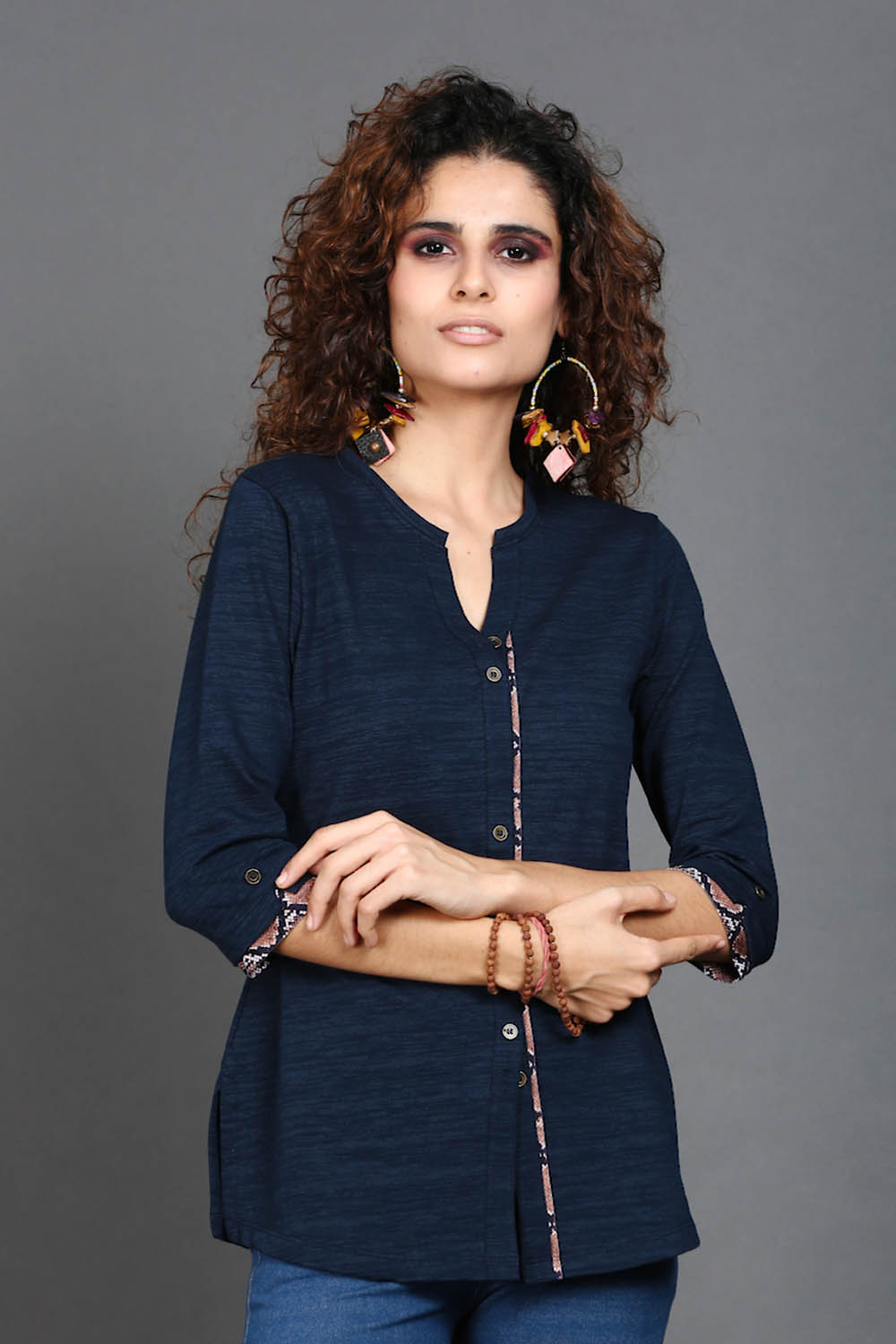Navy Long Top with Animal Print Highlights
