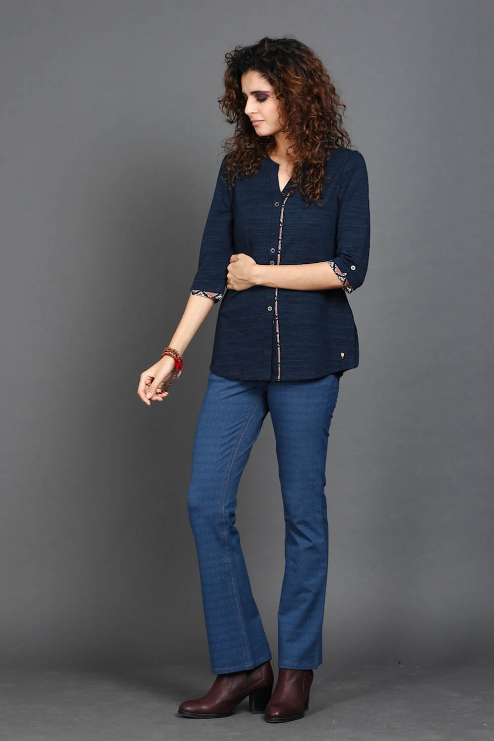 Navy Long Top with Animal Print Highlights