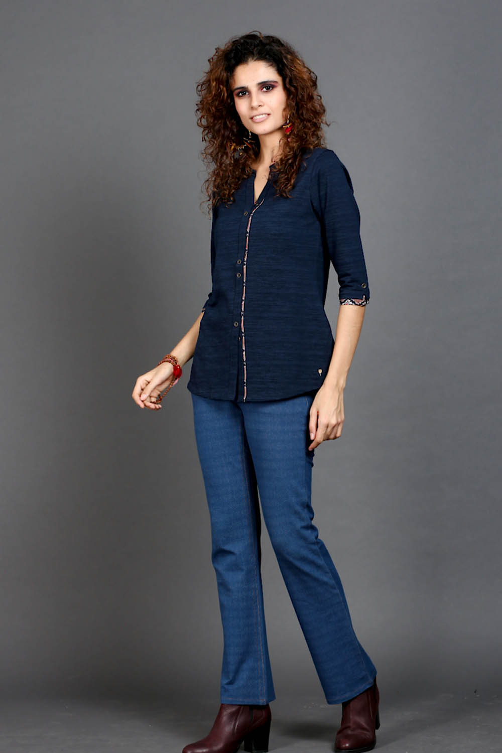 Navy Long Top with Animal Print Highlights