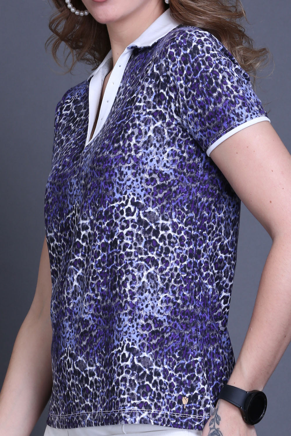 Purple Leopard Print Cotton T-Shirt with Swarovski Collar
