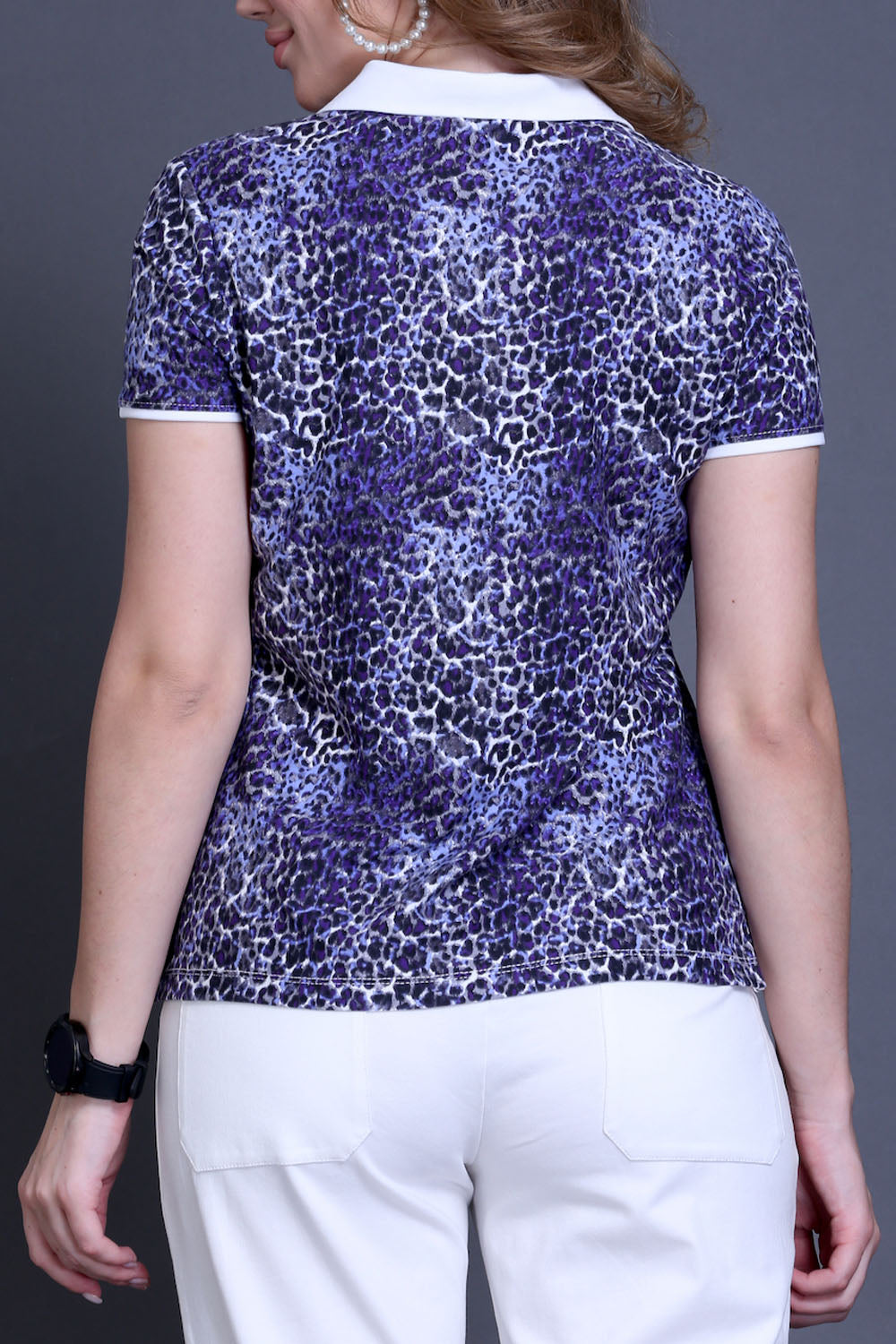 Purple Leopard Print Cotton T-Shirt with Swarovski Collar
